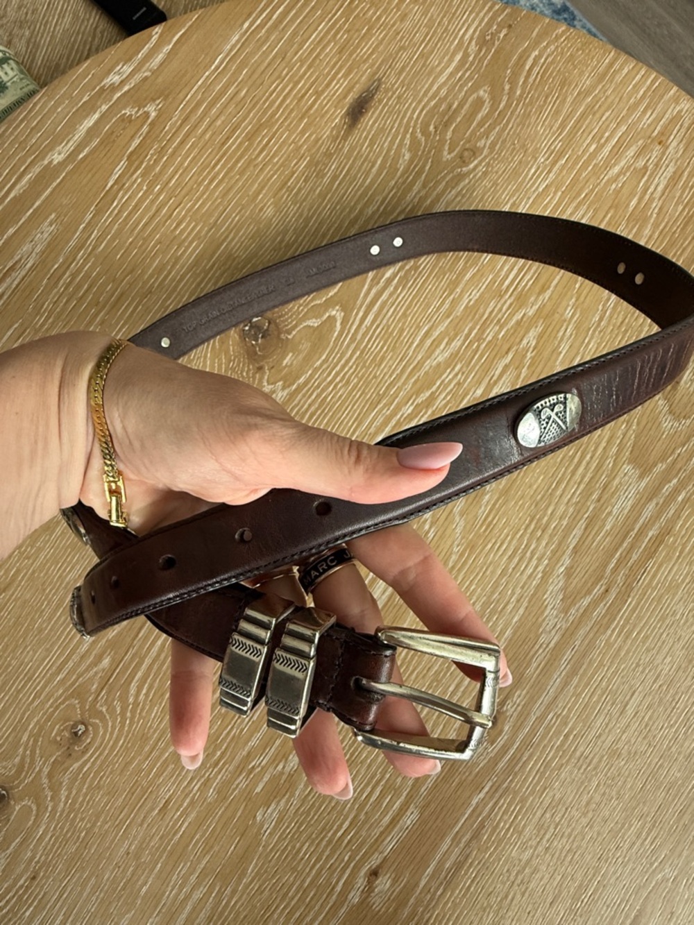 Top Grain Oil Tan Brown Leather Western Belt with Engraved Buckle Size 38